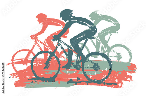  Cycling race, mountain bikers,expressive stylized. Illustration of cyclists in full speed. Imitation of hand drawing. Vector available.