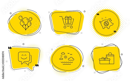 Piggy sale, Balloons and Gifts signs. Chat bubbles. Smile face, Travel sea and Shopping cart line icons set. Chat, Summer holidays, Gift box. Discounts. Holidays set. Line smile face icon. Vector