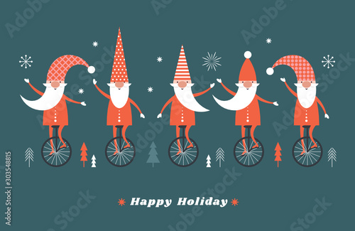 Five Christmas gnomes are going by unicycles, Christmas illustration, Greeting card, banner, gift card, poster