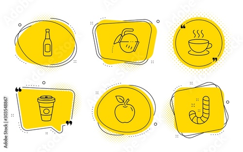 Cappuccino, Apple and Candy signs. Chat bubbles. Takeaway coffee, Beer and Coffee pot line icons set. Hot latte drink, Pub alcohol, Tea drink. Espresso cup. Food and drink set. Vector