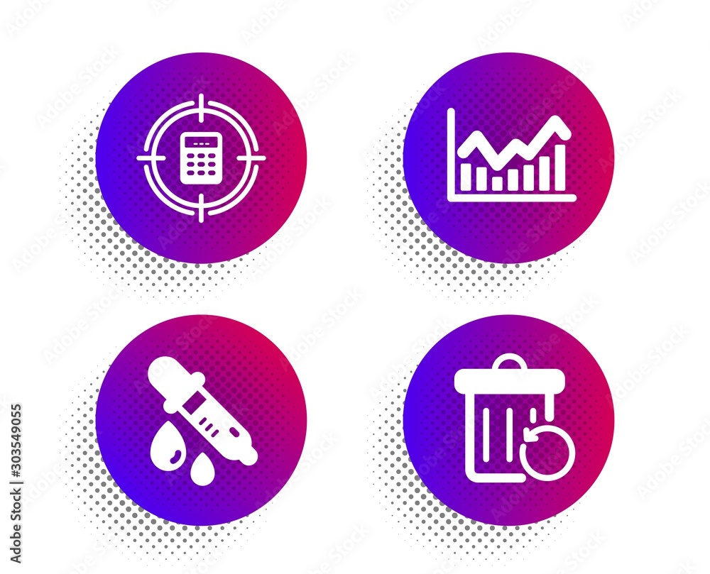 Calculator target, Chemistry pipette and Infochart icons simple set. Halftone dots button. Recovery trash sign. Audit, Laboratory, Stock exchange. Backup file. Education set. Vector Calculator target, Chemistry pipette and Infochart icons simple set. Halftone dots button. Recovery trash sign. Audit, Laboratory, Stock exchange. Backup file. Education set. Vector