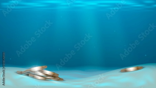 Gold coins in the sea under water, sunken treasure