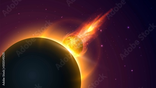 Meteor flying to the planet, apocalypse, collision of planets, space catastrophe