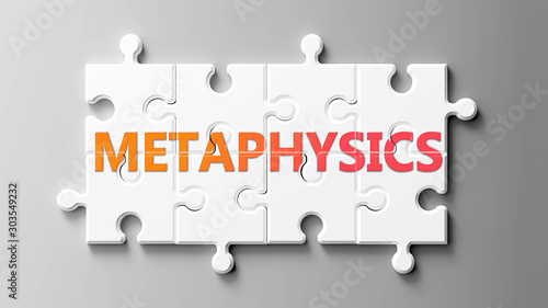 Metaphysics complex like a puzzle - pictured as word Metaphysics on a puzzle pieces to show that Metaphysics can be difficult and needs cooperating pieces that fit together, 3d illustration photo