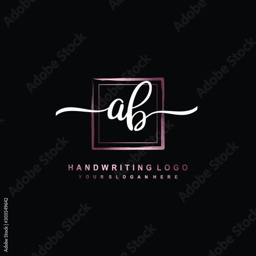 AB Initial handwriting logo design with brush box lines dark pink color gradation. handwritten logo for fashion, team, wedding, luxury logo.