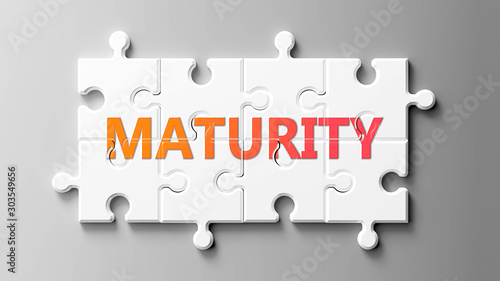 Maturity complex like a puzzle - pictured as word Maturity on a puzzle pieces to show that Maturity can be difficult and needs cooperating pieces that fit together, 3d illustration