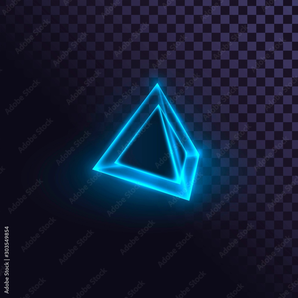Fototapeta premium Glowing blue neon pyramid, futuristic prism, laser pyramid on transparent background