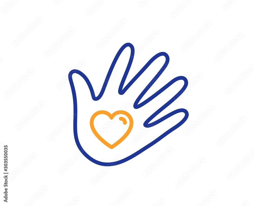Hand with heart sign. Social responsibility line icon. Charity symbol. Colorful outline concept. Blue and orange thin line social responsibility icon. Vector Hand with heart sign. Social responsibility line icon. Charity symbol. Colorful outline concept. Blue and orange thin line social responsibility icon. Vector