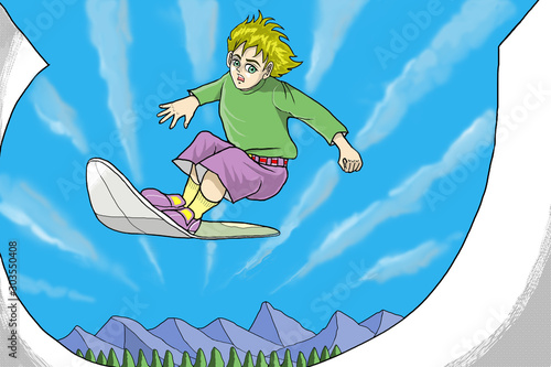 スノーボードの練習をする少年を描きました。