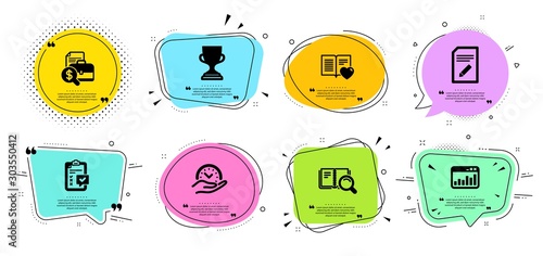 Love book, Accounting report and Safe time line icons set. Chat bubbles with quotes. Checklist, Search book and Marketing statistics signs. Edit document, Award cup symbols. Vector