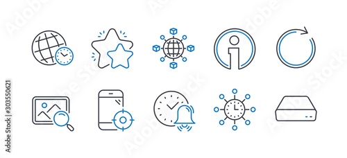 Set of Technology icons, such as Seo phone, Time zone, Star, Search photo, Logistics network, Info, Synchronize, Alarm bell, World time, Mini pc line icons. Line seo phone icon. Vector
