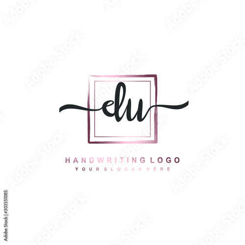 DU Initial handwriting logo design with brush box lines dark pink color gradation. handwritten logo for fashion, team, wedding, luxury logo.