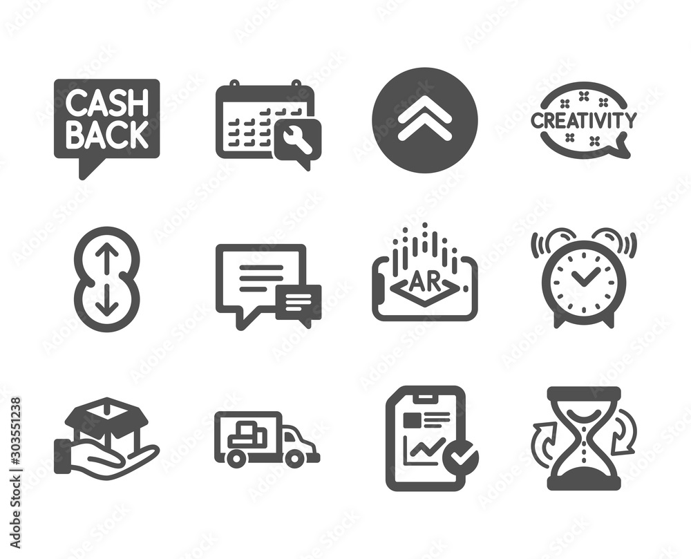 Set of Business icons, such as Truck transport, Alarm clock, Augmented reality, Spanner, Scroll down, Comment, Hold box, Money transfer, Report checklist, Creativity, Swipe up, Hourglass. Vector Set of Business icons, such as Truck transport, Alarm clock, Augmented reality, Spanner, Scroll down, Comment, Hold box, Money transfer, Report checklist, Creativity, Swipe up, Hourglass. Vector