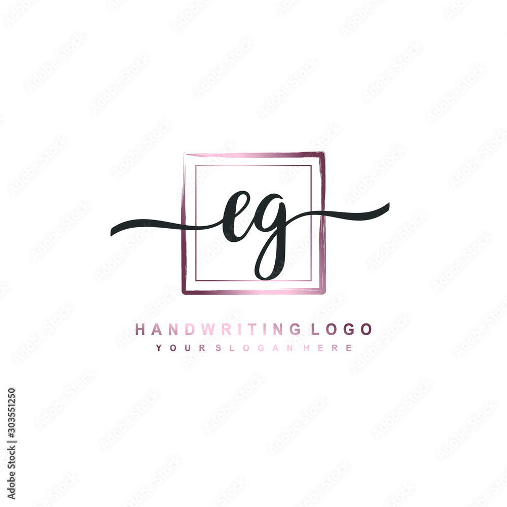 EG Initial handwriting logo design with brush box lines dark pink color gradation. handwritten logo for fashion, team, wedding, luxury logo.
