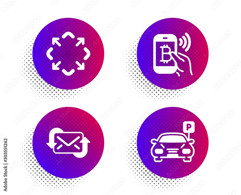 Refresh mail, Maximize and Bitcoin pay icons simple set. Halftone dots button. Parking sign. New e-mail, Full screen, Mobile payment. Car park. Technology set. Classic flat refresh mail icon. Vector