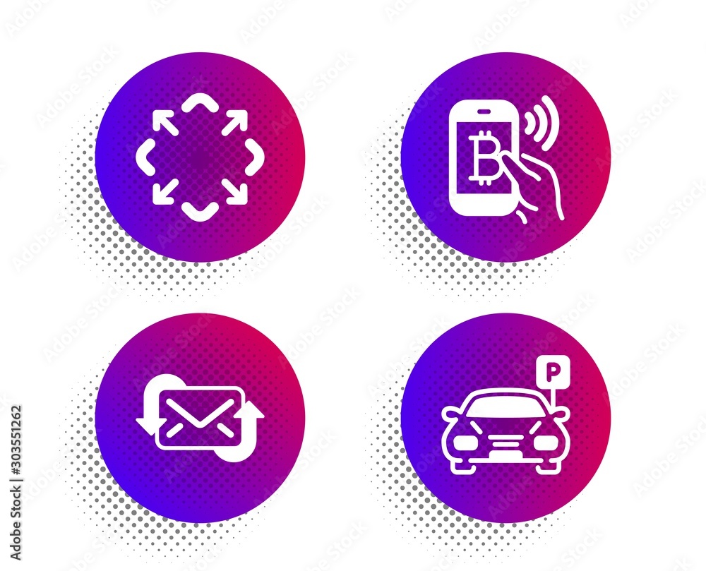 Refresh mail, Maximize and Bitcoin pay icons simple set. Halftone dots button. Parking sign. New e-mail, Full screen, Mobile payment. Car park. Technology set. Classic flat refresh mail icon. Vector Refresh mail, Maximize and Bitcoin pay icons simple set. Halftone dots button. Parking sign. New e-mail, Full screen, Mobile payment. Car park. Technology set. Classic flat refresh mail icon. Vector