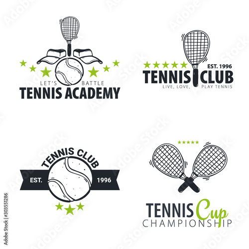 Set of Tennis club or championship logos or emblems. Vector Illustration.