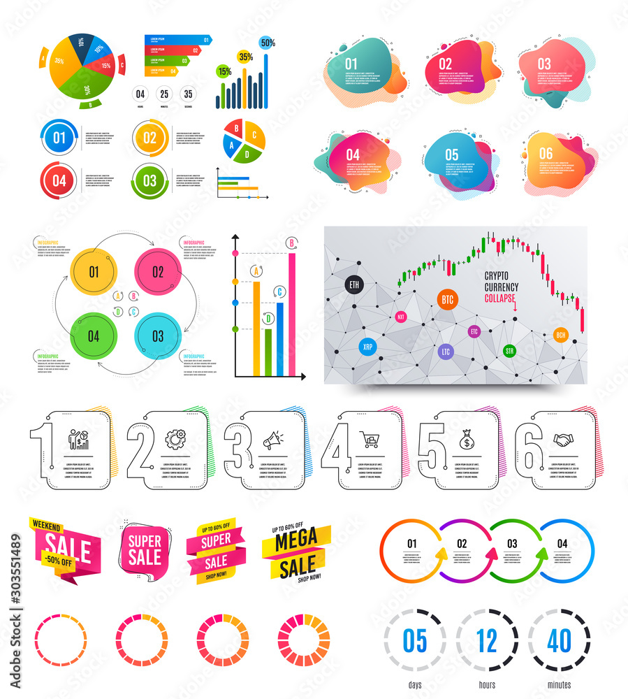 Infographic elements. Financial graph, timelines, options banner badges. Sale discount shapes, countdown timer. Analytics chart, timeline infographics. Offer layout page. Vector graphs and charts