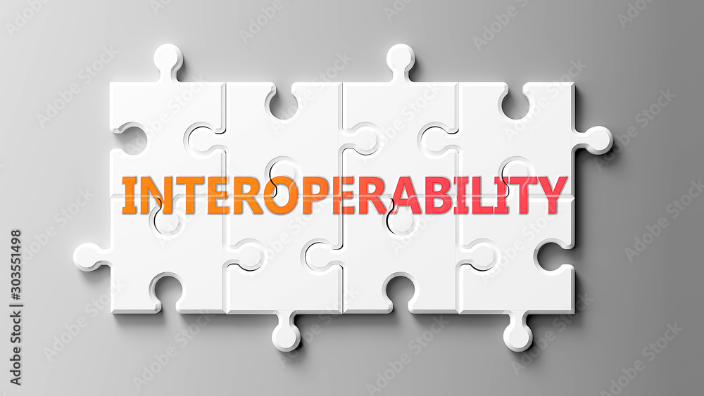 Valokuva Interoperability complex like a puzzle - pictured as word Interoperability on a