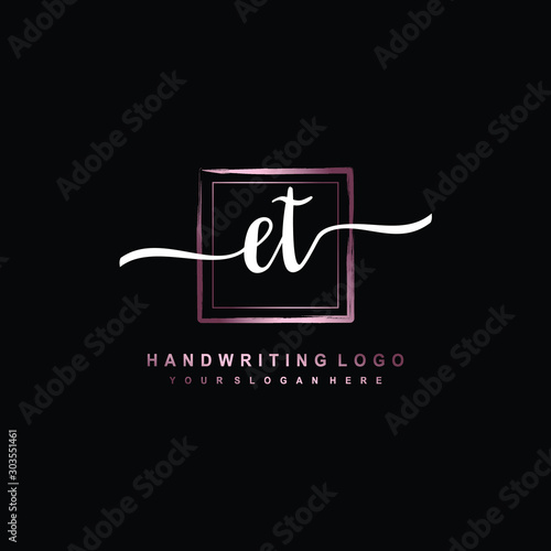 ET Initial handwriting logo design with brush box lines dark pink color gradation. handwritten logo for fashion  team  wedding  luxury logo.