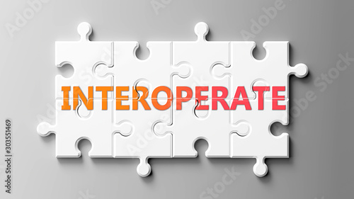 Interoperate complex like a puzzle - pictured as word Interoperate on a puzzle pieces to show that Interoperate can be difficult and needs cooperating pieces that fit together, 3d illustration photo