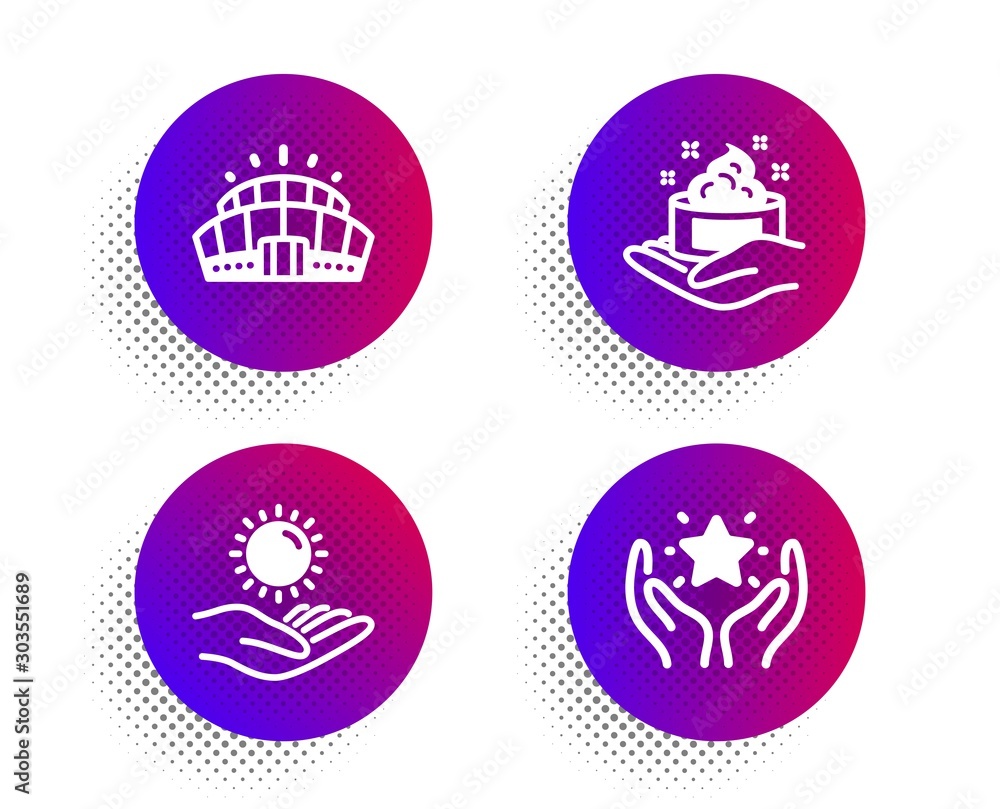 Skin care, Sun protection and Arena stadium icons simple set. Halftone dots button. Ranking sign. Hand cream, Ultraviolet care, Competition building. Hold star. Business set. Vector