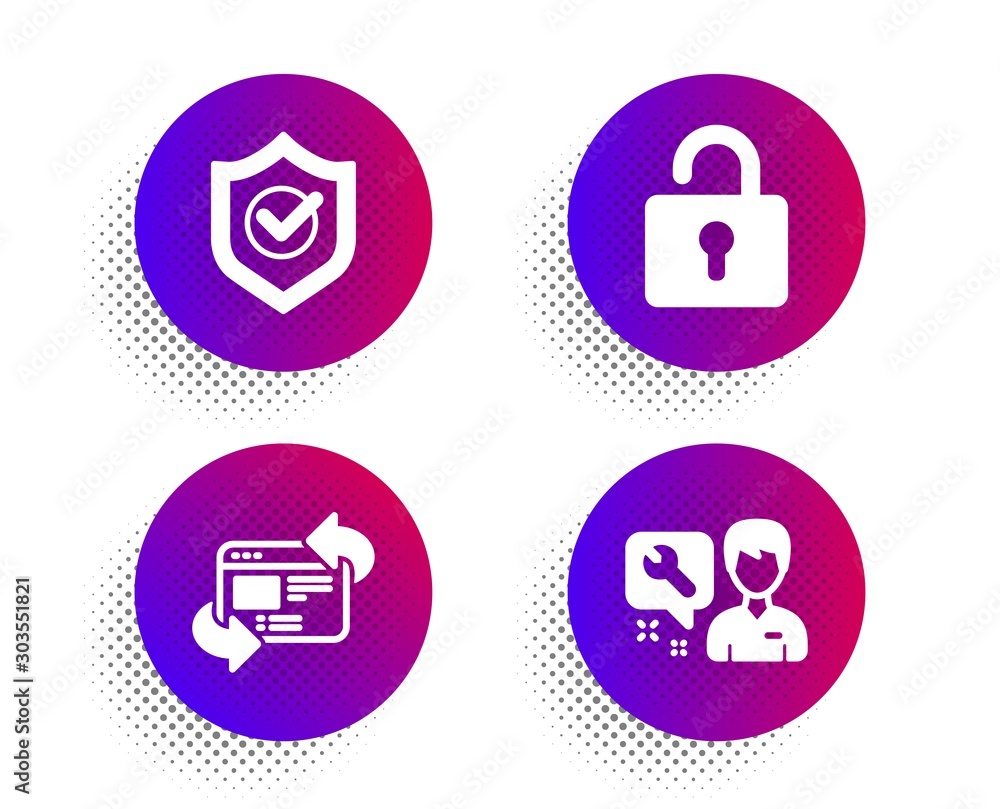Approved shield, Lock and Refresh website icons simple set. Halftone dots button. Repairman sign. Protection, Private locker, Update internet. Repair service. Technology set. Vector