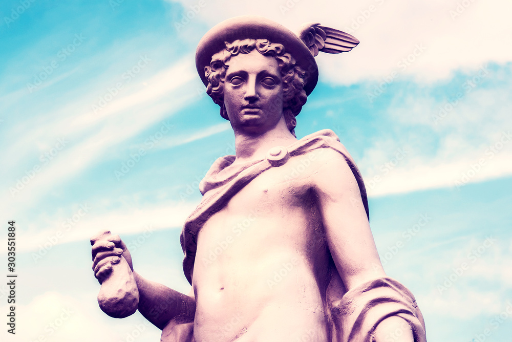 Abstract image of ancient statue of god Hermes (Mercury), personification of success, prosperity, patron of business, commerce merchants, and travelers.