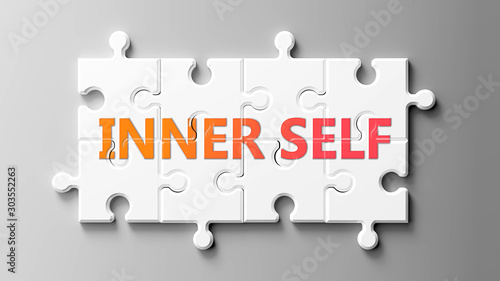 Inner self complex like a puzzle - pictured as word Inner self on a puzzle pieces to show that Inner self can be difficult and needs cooperating pieces that fit together, 3d illustration photo