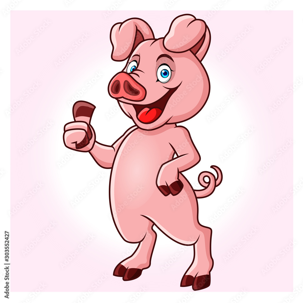 Fototapeta premium A cartoon pig is standing up giving a thumbs up.
