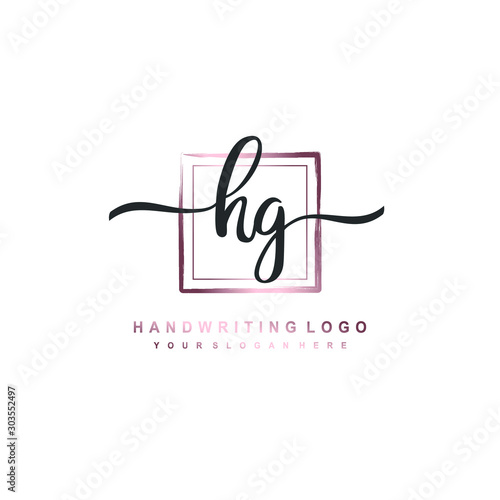 HG Initial handwriting logo design with brush box lines dark pink color gradation. handwritten logo for fashion  team  wedding  luxury logo.