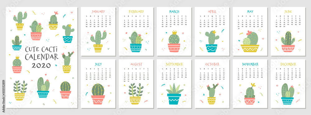 Monthly retro calendar 2020 with cute hand drawn cacti illustrations. Vector vertical template. The week starts on Sunday.