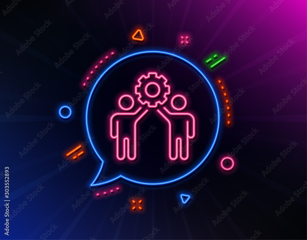 Employees teamwork line icon. Neon laser lights. Collaboration sign. Development partners symbol. Glow laser speech bubble. Neon lights chat bubble. Banner badge with employees teamwork icon. Vector Employees teamwork line icon. Neon laser lights. Collaboration sign. Development partners symbol. Glow laser speech bubble. Neon lights chat bubble. Banner badge with employees teamwork icon. Vector