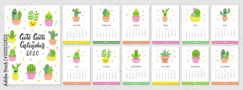 Calendar 2020. Cute monthly calendar with hand drawn cacti illustrations. The week starts on Sunday. Vector template.