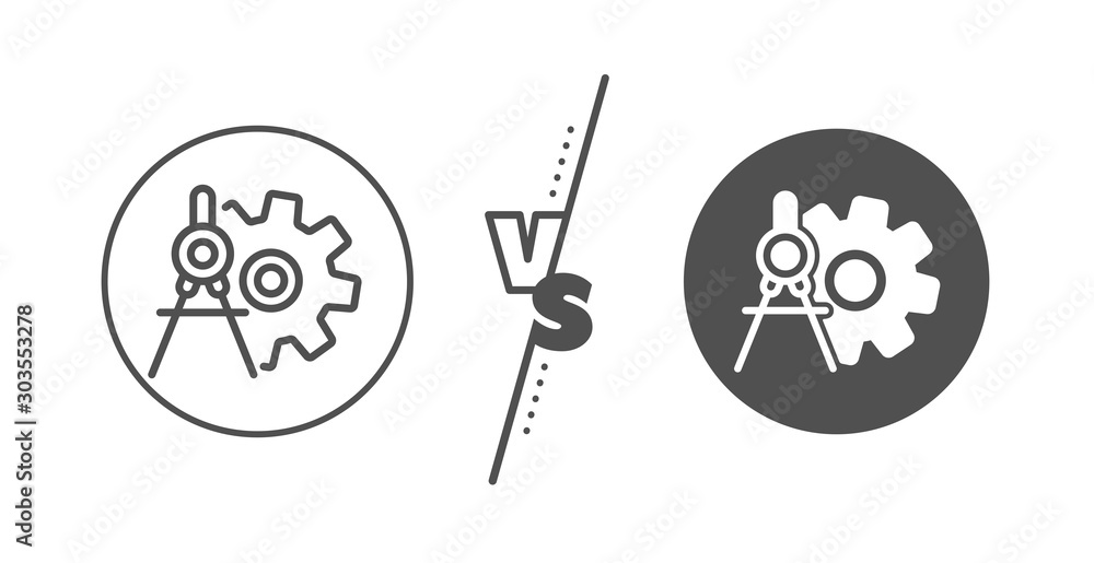 Engineering tool sign. Versus concept. Cogwheel dividers line icon. Cog gear symbol. Line vs classic cogwheel dividers icon. Vector Engineering tool sign. Versus concept. Cogwheel dividers line icon. Cog gear symbol. Line vs classic cogwheel dividers icon. Vector