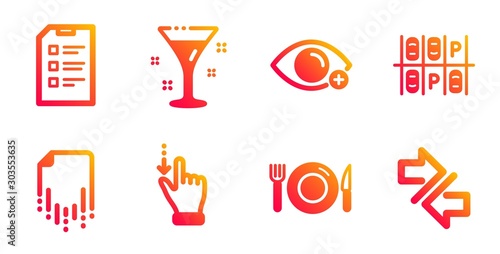 Food, Farsightedness and Parking place line icons set. Recovery file, Cocktail and Checklist signs. Touchscreen gesture, Synchronize symbols. Restaurant, Eye vision. Business set. Vector