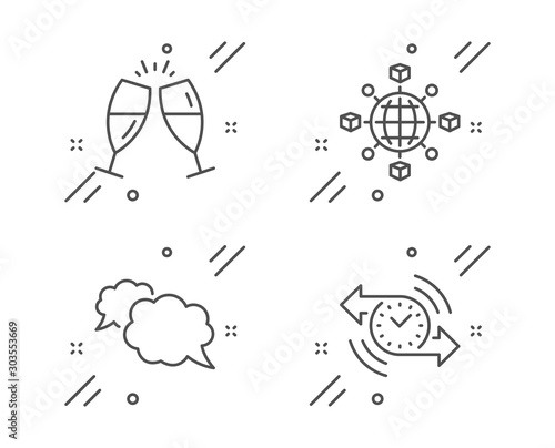Champagne glasses  Logistics network and Messenger line icons set. Timer sign. Chin-chin  International tracking  Speech bubble. Stopwatch. Line champagne glasses outline icon. Vector