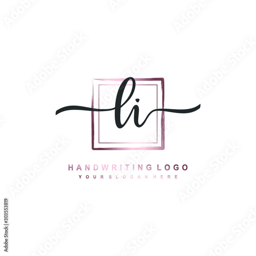 LI Initial handwriting logo design with brush box lines dark pink color gradation. handwritten logo for fashion, team, wedding, luxury logo.