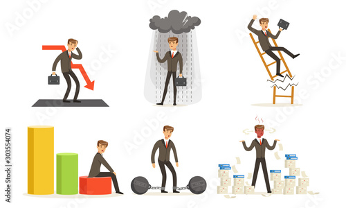 Manager In Suit With Tie, Business Failures And Losses Vector Illustration Set Isolated On White Background