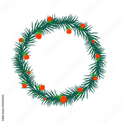 Christmas frame of fir branches decorated with leaves and flowers.