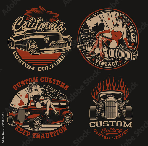 Set of coloured  logos for shirt designs in vintage style photo