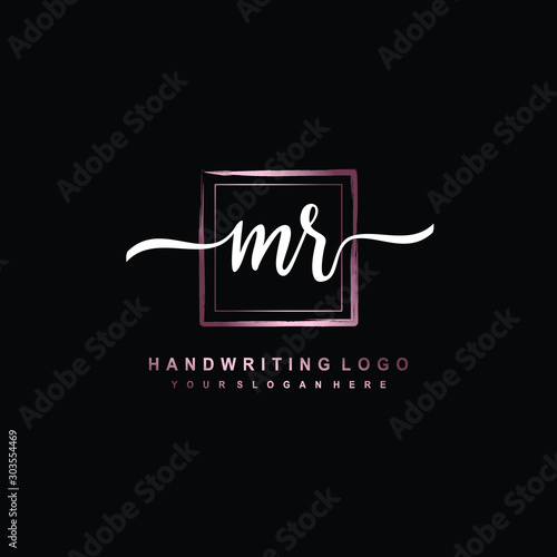 MR Initial handwriting logo design with brush box lines dark pink color gradation. handwritten logo for fashion, team, wedding, luxury logo. photo