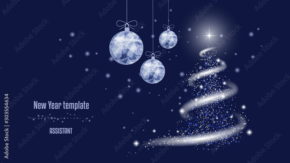  Template for New Year or Christmas project, snow, stars, New Year tree, blizzard, New Year balls. Background of beautiful dark blue night sky. - obrazy, fototapety, plakaty 