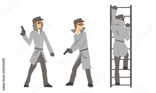 Funny Cartoon Private Detective Character Is Investigating Vector Illustration Set Isolated On White Background
