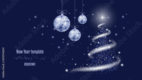  Template for New Year or Christmas project  snow  stars  New Year tree  blizzard  New Year balls. Background of beautiful dark blue night sky.
