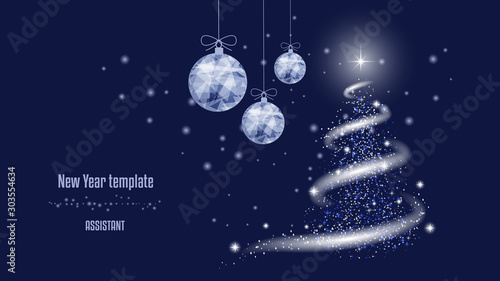  Template for New Year or Christmas project, snow, stars, New Year tree, blizzard, New Year balls. Background of beautiful dark blue night sky.