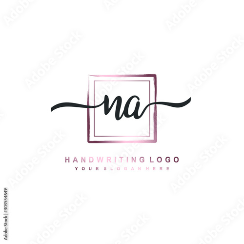 NA Initial handwriting logo design with brush box lines dark pink color gradation. handwritten logo for fashion, team, wedding, luxury logo.
