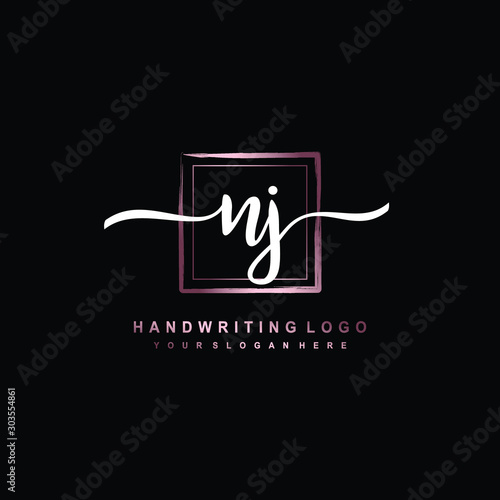 NJ Initial handwriting logo design with brush box lines dark pink color gradation. handwritten logo for fashion, team, wedding, luxury logo. photo