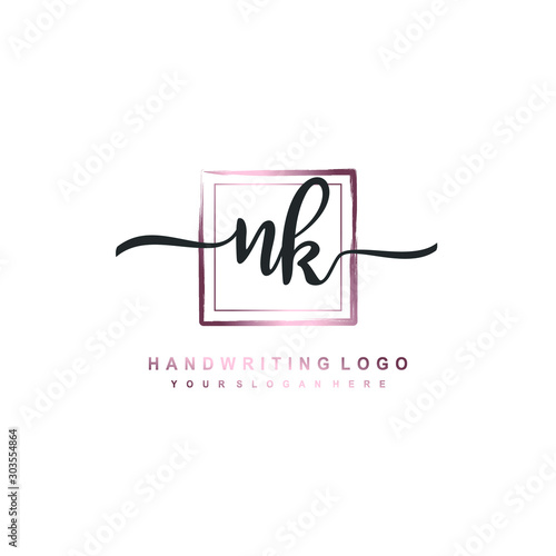 NK Initial handwriting logo design with brush box lines dark pink color gradation. handwritten logo for fashion, team, wedding, luxury logo. photo