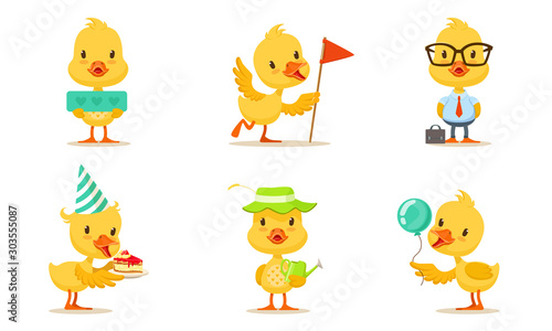 Fototapeta Naklejka Na Ścianę i Meble -  Pretty Animated Chickens In Different Actions Vector Illustration Set Cartoon Character